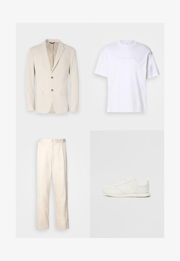 Light beige textured blazer with a one-button closure, notch lapels, and two front pockets. Decorative stitching and subtle lining details.; White cotton t-shirt with short sleeves, featuring a raised Calvin Klein logo in the center. Classic crew neck design. Smooth texture.; Beige cotton trousers with a straight-leg cut, featuring a button closure and pleats at the front for added detail.; White sneaker with a mesh and synthetic upper, round toe, flat laces, and a textured side stripe. Rubber sole with a pull tab at the back.