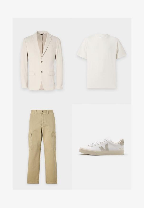 Világos bézs textúrájú blézer egy gombos záródással, kihajtott gallérral és két elülső zsebel. Dekoratív varrások és diszkrét bélés részletek.; Fehér, rövid ujjú póló bordázott textúrával. Kerek nyakkivágás, laza szabás, nincs látható minta vagy díszítés. Egyszerű és sokoldalú dizájn.; Beige vászon cargo nadrág, két oldalsó zsebbel, gombos záródással, egyenes lábakkal és enyhén texturált anyagból készült.; Fehér bőr sneaker bézs kiegészítőkkel, lapos gumi talppal, kerek orral és kontrasztos logóval az oldalon és hátul. Fűzős kivitel.
