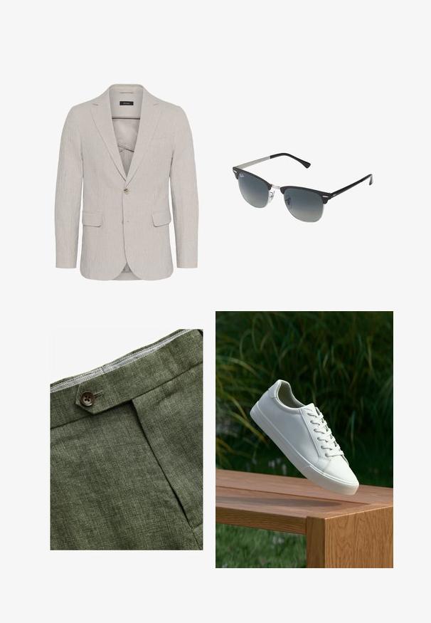 Blazer de rayas gris claro con cierre de botón único, solapas de muesca, dos bolsillos frontales y tejido texturizado. Presenta un diseño ajustado.; Camisa de botones de manga larga azul claro con cuello clásico, dobladillo recto y una sutil textura. Presenta un cierre central de botones.; Pantalones de lino verde oliva con un pliegue delantero, que cuentan con un cierre de botón y un forro a cuadros en contraste en la cinturilla.; Zapatilla blanca con cordones flotando sobre un banco de madera con follaje verde al fondo, mostrando el diseño y la textura del zapato.; Gafas de sol negras y plateadas con forma de ojo de gato, lentes degradados y acentos metálicos en la montura. Patillas de plástico con puntas grises.