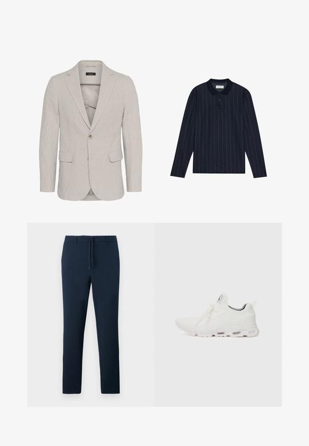 Heledad hall värvitud bleiser, millel on ühekohaline kinnihoidmine, klapiga krae, kaks eesmist taskut ja tekstureeritud kangas. Omab kitsast lõiget.; Tumesinise pika varrukaga polo särk, millel on kraelõige, õhukesed vertikaalsed triibud ja kolme nupuga klapp. Pehme kangastekstuur.; Tumedate sinised püksid, mis on valmistatud tekstuurse kangaga, sirge jala disainiga, esi-taskutega ja reguleeritava paelaga vöökoht.; Valged sportijalatsid, millel on tekstuuriga kudum peal, lame paelad ja pehmendatud tallad nähtavate õhukambritega täiendava toe jaoks.