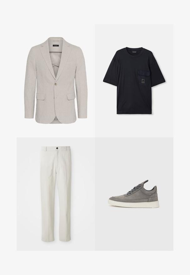 Šviesiai pilkas dryžuotas švarkas su vienu užsegimu, notch tipo atlapais, dviem priekinėmis kišenėmis ir tekstūruota medžiaga. Pasižymi lieknu siluetu.; Juodas trumpas rankovės marškinėlis su apvalia kaklo iškirpte, su kišene kairėje krūtinės pusėje, ant kurios yra mažas stačiakampio formos logotipas.; Bežiniai tiesūs keliai su diržo kilpomis, priekiniais mygtukais ir užtrauktuku, išdėstyti ant balto fono.; Pilki zomšiniai sportbačiai su tekstūruotu paviršiumi, turintys baltą guminį padu, apvalias raišteles ir žemą dizainą.