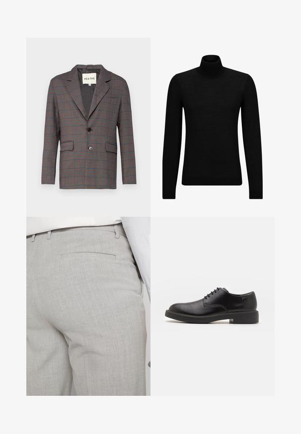 Hallitusest vaheline jakki halli, punase ja sinise ruuduga. Omab ühte nuppe sulgemist, nurgapealseid kaelusi ja kahte esimest taskut. Valmistatud kohandatud kangast.; Musthave muströid ja pehmest materjalist must turtleneck, millel on pikad varrukad ja tihe istuvus. Ribaga ääris allservas ja vöökohal. Lihtne disain.; Heledat hallid kohandatud püksid tekstuurse kangaga, millel on üks tagatasku ja puhas õmblus.; Must beemel levalis kingad ümarate varvastega, sileda pinnaga, minimaalsete õmblustega ja madala kummist kontsaga. Logo kontsa peal.