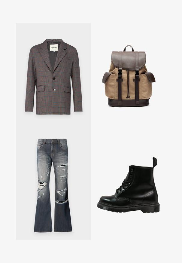 Plaid blazer in gray, red, and blue. Features a single button closure, notch lapels, and two front pockets. Made from tailored fabric.; Long-sleeve navy blue polo shirt with beige collar and cuffs, featuring a round emblem with text on the left chest.; Flared jeans in dark blue denim with frayed rips and worn detailing on the front. Features five pockets and a button closure.; Black leather boot with rounded toe, lace-up design, six eyelets, and a textured rubber sole. Includes a pull tab at the back.; Canvas backpack in tan with brown leather accents. Features a top flap, adjustable straps, and two side pockets. Rectangular shape, sturdy design.