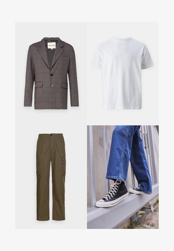 Plaid blazer in gray, red, and blue. Features a single button closure, notch lapels, and two front pockets. Made from tailored fabric.; White short-sleeve t-shirt made of cotton, featuring a crew neckline and a smooth texture, with a straight cut and no patterns.; Cargo pants in olive green, made of durable fabric. Features two side pockets, a standard waist, and a straight-leg design.; Black high-top sneakers with white sole and laces, paired with loose blue denim jeans, resting on a gray railing.