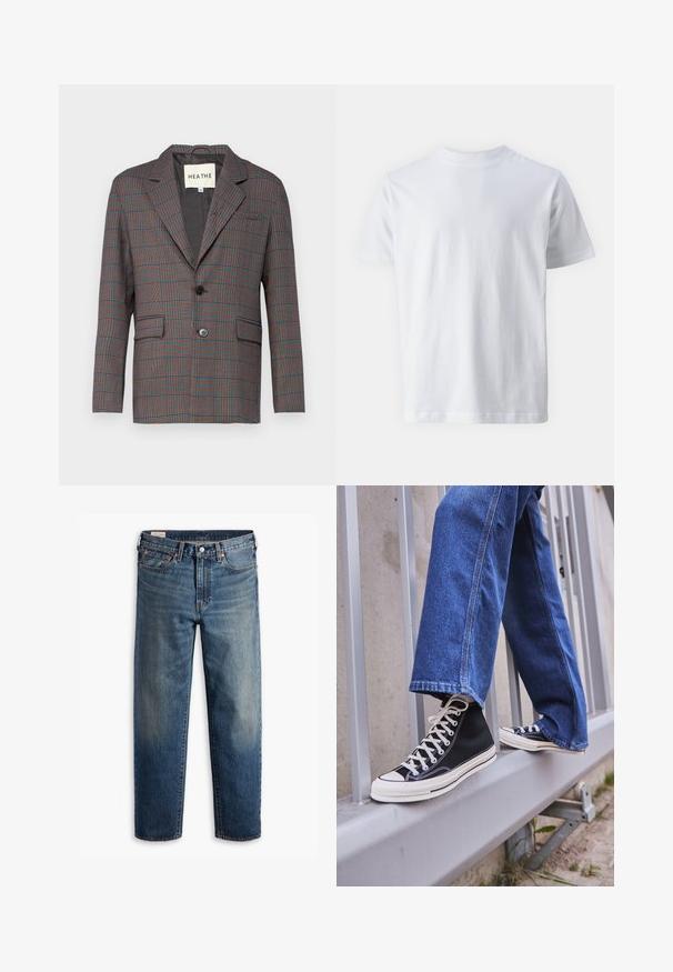 Blazer xadrez em cinza, vermelho e azul. Apresenta um fecho de botão simples, lapelas com corte em bico e dois bolsos frontais. Feito de tecido ajustado.; Camiseta branca de manga curta feita de algodão, apresentando um decote redondo e uma textura suave, com um corte reto e sem padrões.; Jeans de ganga azul escuro com corte descontraído, pernas direitas, design de cinco bolsos e ligeiro desbotamento nas coxas. Botão e rebites prateados.; Ténis altos pretos com sola e atacadores brancos, combinados com jeans azul desgastado, repousando sobre um corrimão cinza.