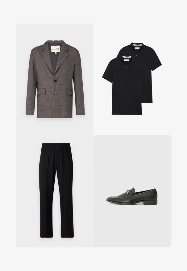 Plaid blazer in gray, red, and blue. Features a single button closure, notch lapels, and two front pockets. Made from tailored fabric.; Two black polo shirts, short-sleeved, cotton material, featuring a classic collar, two-button placket, and white striped accents inside the collar.; Black, elastic-waist trousers with a straight-leg design, featuring a smooth texture and no visible patterns or hardware.; Black leather loafer with a smooth finish, featuring a stitched design and a decorative metal chain accent across the vamp. Flat heel.