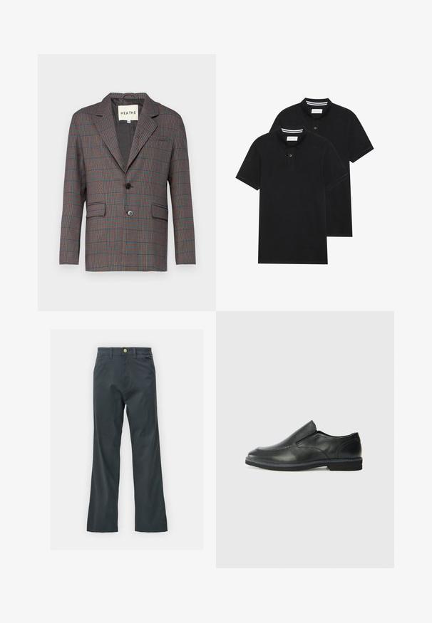 Pilka, raudona ir mėlyna langeliais dėžutė. Yra vieno mygtuko užsegimas, notch tipo apykaklės ir dvi priekinės kišenės. Pagaminta iš pritaikyto audinio.; Du žaidimų juodos polo marškiniai, trumpomis rankovėmis, pagaminti iš medvilnės, su klasikinėmis apykaklėmis, dviem mygtukais priekyje ir baltais dryžiais apykaklės viduje.; Juodos kelnės su tiesiu kirpimu, pagamintos iš medvilnės mišinio. Turi metalinį mygtuką ir šonines kišenes. Be matomų raštų.; Juodai odiniai įtvirtinimo batai su lygiu paviršiumi, siuvinėjimo akcentais, apvalia nosimi ir žemu guminiu kulnu. Pado raštas minimalus.