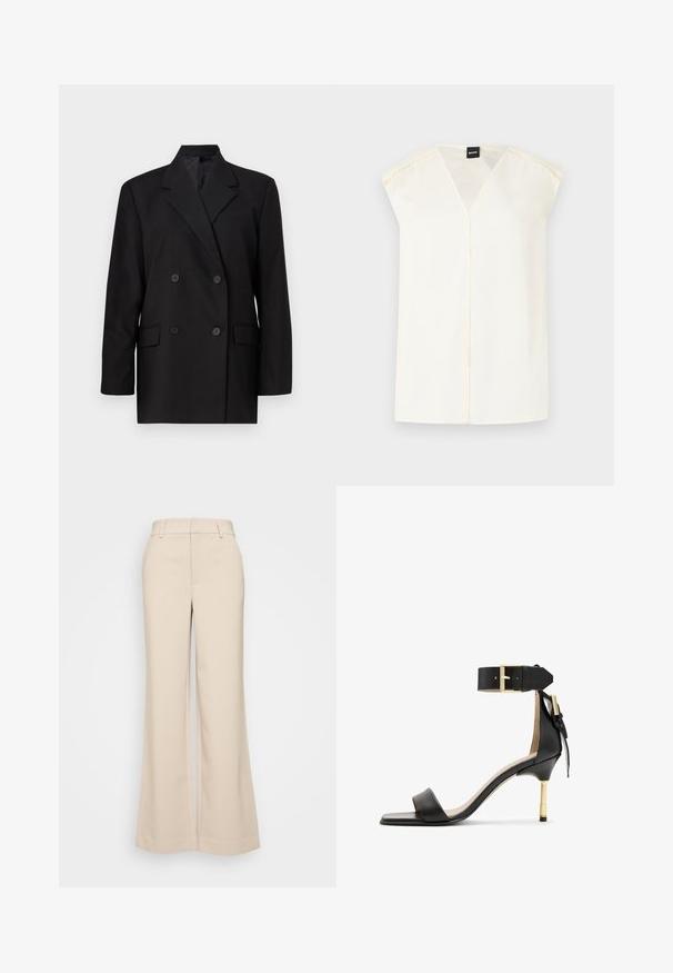 Mustat kaksiriviset bleiserit terävillä kauluksilla, etutaskuilla ja napitus. Valmistettu sileästä kankaasta, joissa on istuva malli.; Kermainen V-kaula-aukkoinen paita, jossa on hihattomat hihat ja joka on valmistettu sileästä kankaasta. Siinä on keskisauma ja hienovarainen ompelu yksityiskohta hartiasaumojen varrella.; Beige levelek pantsa, jotka ovat sileätekstuuriset ja joissa on korkea vyötärö sekä kaksi etutaskua. Siisti muotoilu ja istuva malli.; Musta nahkainen korkokenkä, jossa on neliönmuotoinen kärki, nilkkahihna, jossa on kultainen solki, ja hoikka metallinen korko. Sileä pinta, minimalistinen muotoilu.