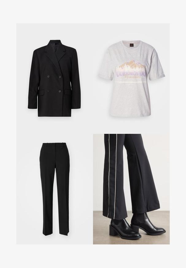 Svart dobbeltspent blazer med skarpe reverser, frontlommer og knappelukking. Laget av glatt stoff, med en skreddersydd fasong.; Lys grå bomulls t-skjorte med korte ermer, med en berggrafikk og tekst i lilla og beige. Rund hals, avslappet passform.; Sorte skreddersydde bukser med rett silhuett, med en glatt tekstur og klare pressede bretter foran. Ingen synlig maskinvare.; Sorte skinn ankle boots med blokkhæl, med elastiske sidepaneler. Kombinert med sorte bukser som har en hvit sidestripe.