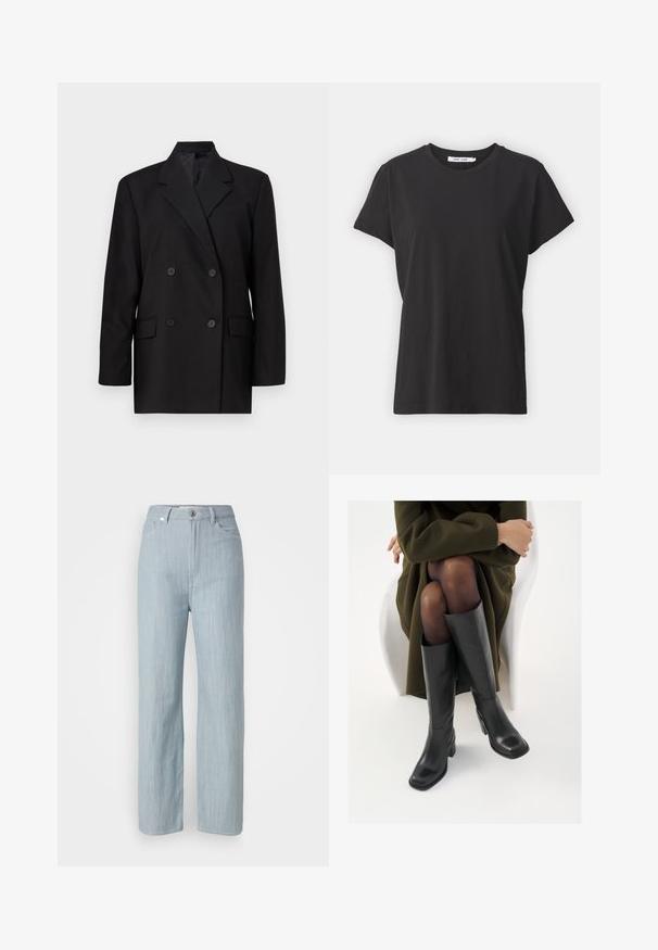 Must mustrõi jakk teravate krae, esipockets ja nööbiga kinnitamine. Valmistatud siledast kangast, millel on kohandatud lõige.; Must have mustrisest t-särk klassikalise ümmarguse kaelusega, lühikeste varrukatega ja lõdva lõikega. Sile tekstuur, nähtavate mustrite või aktsentideta.; Heledad sinine sirge säärtega teksapüksid, mis on valmistatud denimkangast. Omab viit taskut, metallist nupuga sulgemist ja õrna kulumist tekstuuri jaoks.; Knee-high mustad nahast saapad nelinurkse varbaga ja plokilise kontsaga, esitatud mudeli kõrval, kes istub oliivirohelises mantlis. Sujuv tekstuur, minimaalne detailide arv.