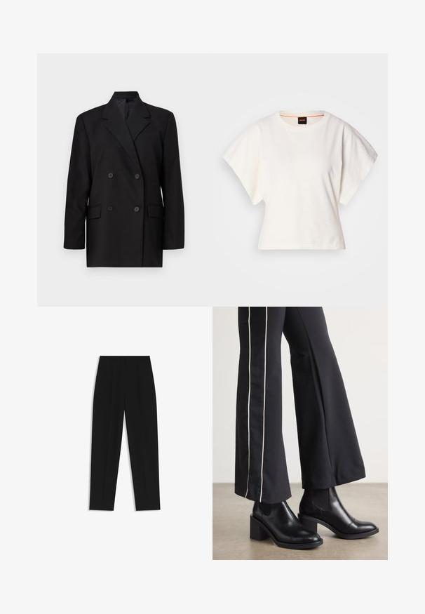 Blazer negro de doble botonadura con solapas afiladas, bolsillos frontales y cierre de botones. Fabricado en un tejido suave, con una forma ajustada.; Camiseta blanca recortada, con mangas cortas y anchas, material de algodón suave, cuello redondo con un sutil ribete naranja, diseño minimalista, sin patrones ni gráficos.; Pantalones negros de corte recto, con doble pinza, textura suave y un diseño de cinturilla clásica. Sin hardware o acentos visibles.; Botines de cuero negro con tacón cuadrado, con paneles laterales elásticos. Combinados con pantalones negros que tienen una franja blanca lateral.