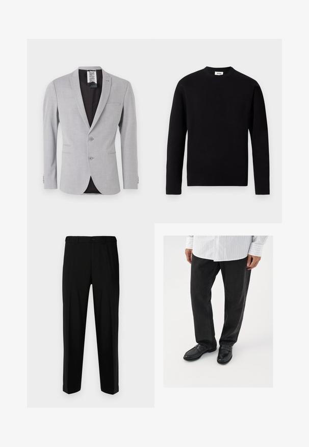 Helehall värviga bleiser, mis on valmistatud tekstuurilisest kangast, omab ühe nupuga disaini, kahte nuppu ja musta sisekatet.; Mustal õlgadega ümar kaelusega särk, mis on valmistatud pehmest kangast. Omab vasakul rinnal taskut ja sirget äärt, millel on minimaalsed tekstuuri detailid.; Mustadest lõngast valmistatud püksid sujuva kangaga, sirge lõikega, kahe esipocketiga ja lukuga nööbiga kinnitatud.; Mustad denim püksid koos läikivate mustade mokassiinidega. Särk on valge, millel on õhukesed vertikaalsed triibud, pikkade varrukatega ja nööpidega kraega.