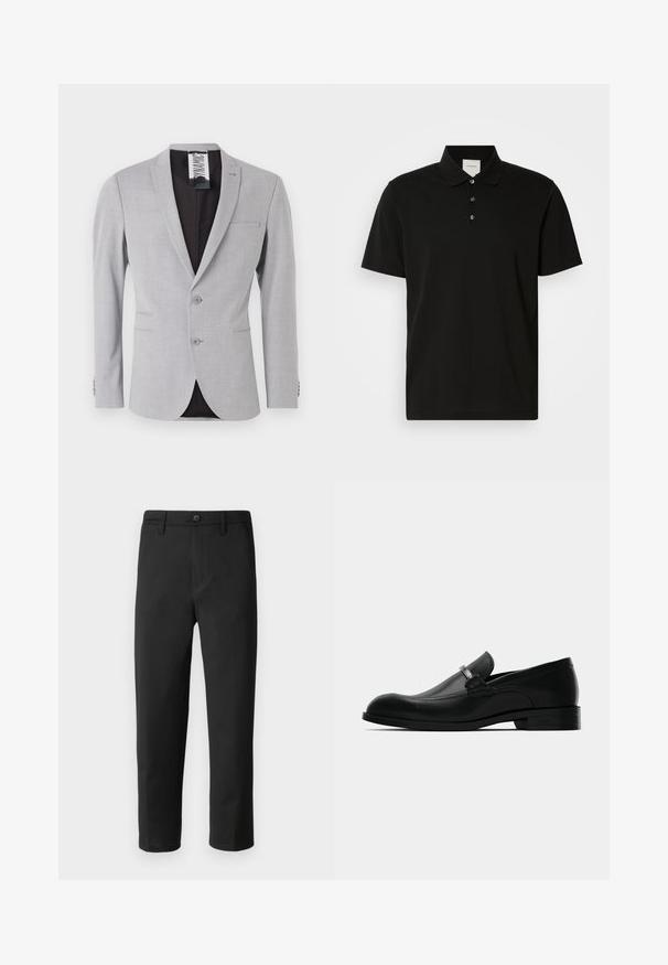 Gai pelēks bleizeris, kas izgatavots no teksturēta auduma, ar vienas rindas pogām, divām pogām un melnu iekšējo oderi.; Melna īsām piedurknēm polo krekls no gludas auduma, ar klasisku apkakli, trīs pogu aizdari un vieglu vertikālu rakstu.; Melnie bikses ar taisnu griezumu, izgatavotas no gludas auduma. Tajās ir pogu aizdare un jostas cilpas. Nav redzamu rakstu vai akcentu.; Melna ādas vīriešu loafer kurpe ar metāla sprādzi, zemu papēdi un zīmola zoli, attēlota no sāniem uz baltā fona.