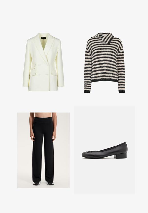 Kétgombos blézer törtfehér színben, elfordított gallérral, két elülső zsebbel és struktúrált fazonnal. Simára és textúrált anyagból készült.; Csíkos pulóver, galléros nyakkal. Puha, textúrált anyagból készült, sötétszürke és krémszínű csíkokkal. Laza szabású, hosszú ujjal.; Fekete, széles lábú sportnadrág magas derékkal. Simább, rugalmas anyagból készült, laza illeszkedéssel és finom textúrával rendelkezik.; Fekete bőr balettcipők kis téglalap alakú sarokkal, kerek orral, díszes masni részlettel és rugalmas szegéllyel a nyílásnál.