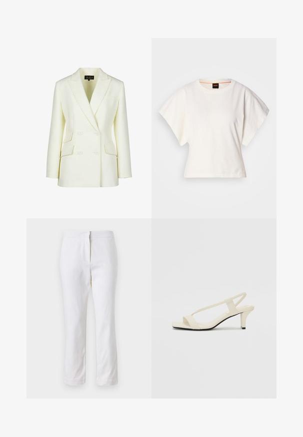 Divpusēji apģērbs off-white krāsā, ar izgrieztu apkakli, divām priekšējām kabatām un strukturētu piegriezumu. Izgatavots no gludas, teksturētas auduma.; Balts īsais T-krekls, plašas īsas piedurknes, mīksts kokvilnas materiāls, apaļa kakla izgriezums ar delikātu oranžu apdari, minimāls dizains, bez rakstiem vai grafikām.; Baltas kokvilnas bikses ar taisnu kāju dizainu, ar vidēju augstumu un bez redzamām detaļām vai rakstiem. Visā virsmā ir gluda tekstūra.; Beige bloku papēžu sandales ar plānām siksnām un kvadrāta formas purngalu. Gluda materiāla virsma ar minimālām detaļām, paredzētas ērtai nēsāšanai.