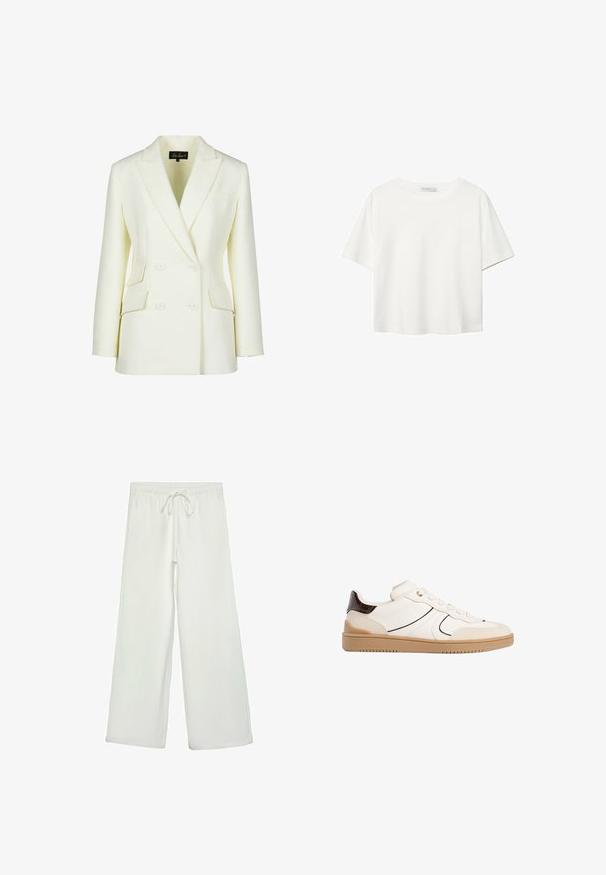 Kaksirivinen bleiseri off-white-värissä, jossa on kauluksessa lovet, kaksi etutaskua ja muotoiltu istuvuus. Valmistettu sileästä, teksturoidusta kankaasta.; Valkoinen lyhythihainen T-paita, joka on tehty puuvillasta. Siinä on pyöreä kaula-aukko ja rento malli. Silkkinen pinta ilman näkyviä kuvioita tai koristeita.; Valkoiset leveälahkeiset housut pehmeästä kankaasta. Varustettu joustavalla vyötäröllä ja nyörillä sekä sileällä pinnalla. Ei näkyviä kuvioita tai tarvikkeita.; Stradivarius Matalavartiset tennarit - white