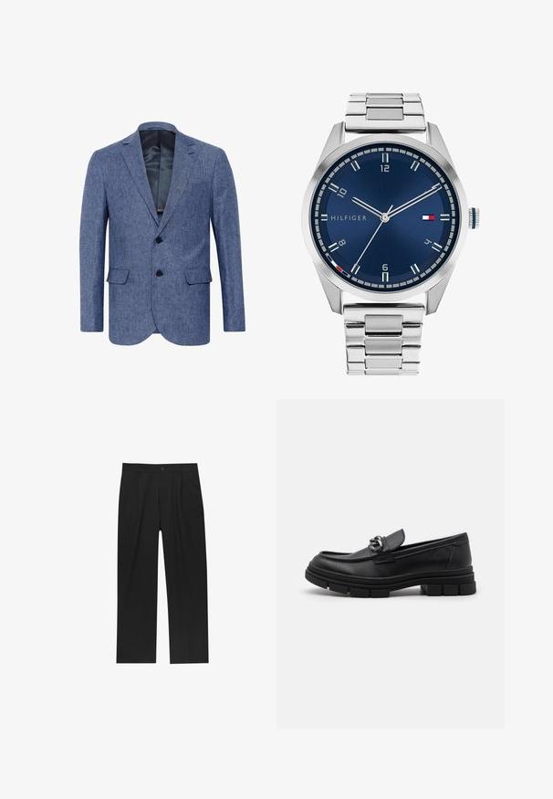 Blazer blu realizzato in tessuto testurizzato, monopetto con due bottoni e rever a punta; presenta tasche frontali e una fodera interna liscia.; Set di otto t-shirt nere in cotone con maniche corte e collo a giro, caratterizzate da un design semplice e una texture morbida.; Pantaloni neri con un design a gamba dritta, realizzati in un tessuto liscio. Presentano pieghe frontali e una chiusura a un bottone in vita.; Mocassino in pelle nera con punta arrotondata, una fascia decorativa e accessori in metallo, e una suola spessa e testurizzata. Finitura liscia con dettagli sottili.; Orologio in metallo argentato con quadrante blu spazzolato, indici bianchi e display della data. Dotato di un bracciale metallico a maglie e logo del marchio.