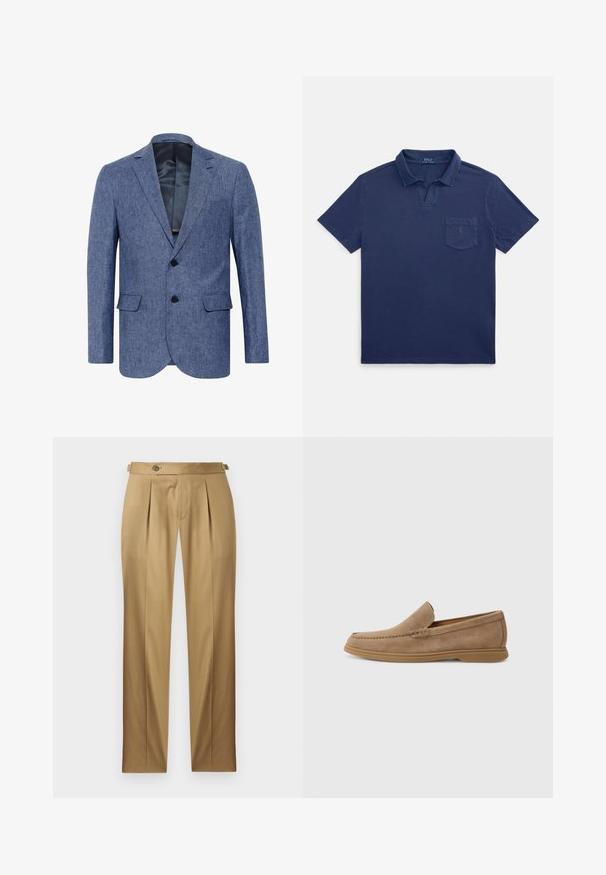 Modra jakna iz teksturirane tkanine, enojno zapenjanje z dvema gumboma in z izrezanimi reverji; ima sprednje žepke in gladko notranjo podlogo.; Temno modra polo majica iz bombaža z ovratnikom za podvijanje, kratkimi rokavi in prsnim žepom z majhnim logotipom.; Bež hlače s pravim krojem, z naborki, zapiranjem na gumb in zankami za pas. Gladek material s čistim, krojenim videzom.; Rjave semiš slip-on loafers z gladko teksturo in šivanim detajlom; vključujejo gumijast podplat za oprijem.