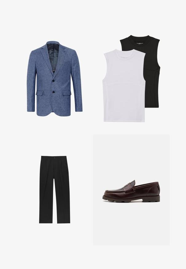 Modra jakna iz teksturirane tkanine, enojno zapenjanje z dvema gumboma in z izrezanimi reverji; ima sprednje žepke in gladko notranjo podlogo.; Dva brezrokavnika športna vrhnja oblačila, eno belo in eno črno, narejena iz raztegljive tkanine z zaobljenimi izrezki in vidnimi šivi.; Črne hlače z ravnim krojem, narejene iz gladkega materiala. Imajo sprednje gube in enojno zaponko na pasu.; Rjavi usnjeni loafer z zgornjim delom v mokasinskem slogu, teksturiranimi šivi in trdim podplatom, ki ima večsmerne utore.