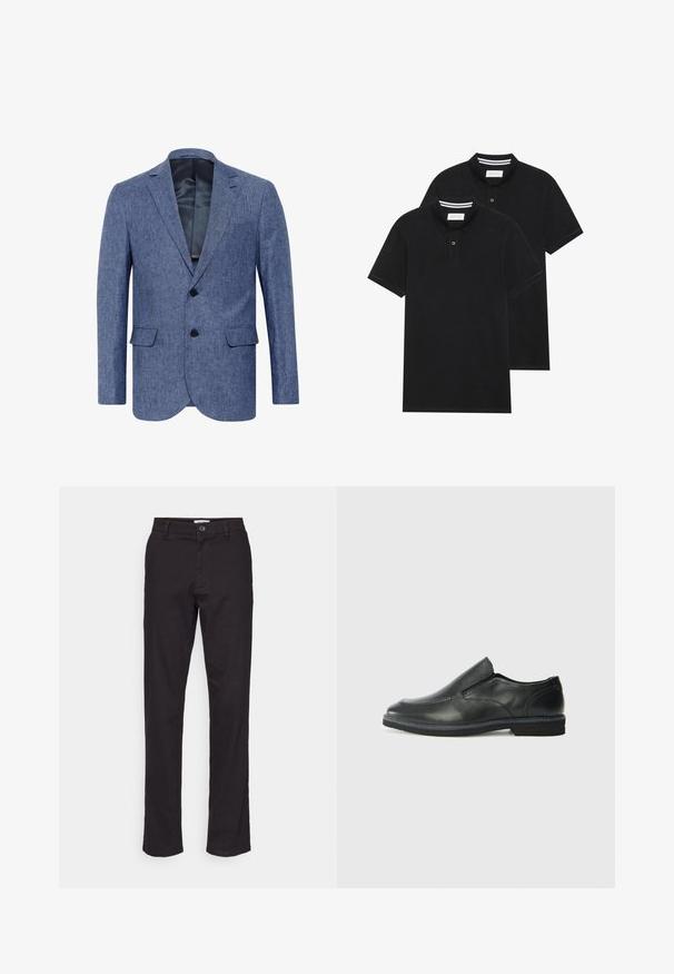 Sinine bleiser tekstureeritud kangast, ühe nööbiga ja vihmavarju kraega; esiküljel on taskud ja siledat sisekatet.; Kaks musta polo särki, lühikeste varrukatega, puuvillane materjal, klassikalise kraega, kahe nupuga kinnitusega, valgete triipudega krae sisepinnal.; Mustast puuvillast valmistatud sirge säärega püksid, millel on ees nuppude kinnitamine ja küljetaskud. Sile tekstuur ja minimaalne disain.; Must musta laia suuga king, millel on sile ülemine osa, õmmeldud detailid, ümmargune nina ja madal kummist konts. Tallal on minimaalne mustr.