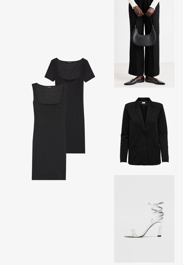 Blazer preto feito de um tecido liso, apresentando lapela recortada, dois bolsos frontais e dois botões frontais para fecho.; Vestido bodycon preto com decote quadrado, mangas curtas e textura canelada. Duas variações: tons de preto claro e preto mais profundo apresentados.; Sandalha de salto alto prateada com um design de tira brilhante, apresentando um detalhe semelhante a uma pérola e uma tira de tornozelo espiralada para um ajuste seguro.; Bolsa de ombro de couro preta com forma arredondada, acabamento brilhante e ferragens prateadas. Pessoa vestindo calças largas pretas e mocassins com tachas.
