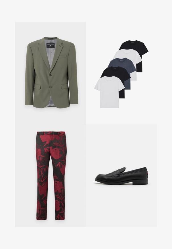 Olive zelena blejzer iz gladkega materiala, z zapiranjem na en gumb, rečnimi lapelami in dvema sprednjima žepoma. Notranja podloga je siva.; Set petih majic v črni, beli in mornarsko modri barvi. Bombažni material, kratki rokavi, krojen vrh z okroglim izrezom ter enostavno teksturo brez vzorcev.; Črne hlače s cvetličnim motivom v temno rdeči barvi, z gladko teksturo in prilegajočim krojem. Standardni pas in ravna noga.; Črne usnjene mokasine z gladko površino, zaobljenim nosom in majhnim okrasnim preklopom. Imajo nizek zložen peto in subtilen detajl blagovne znamke.