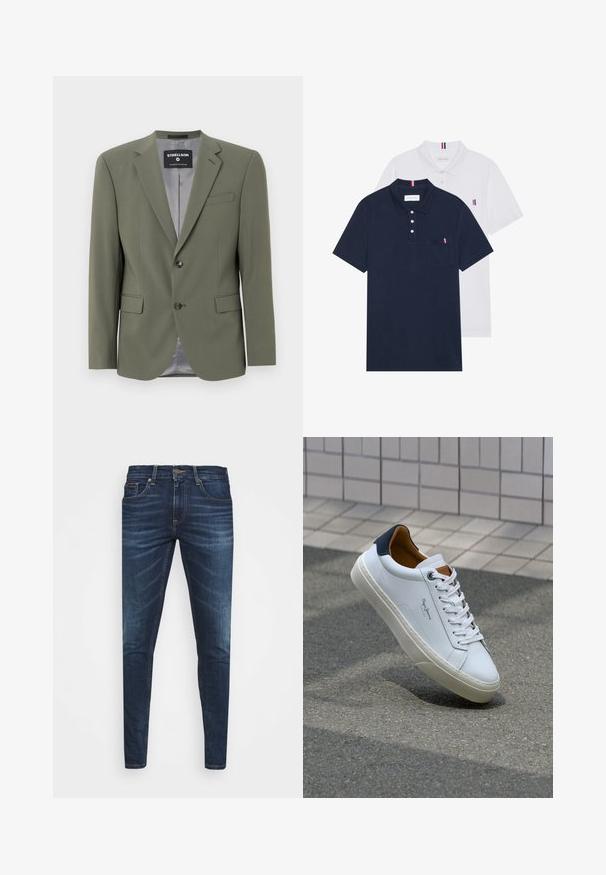 Zielona oliwkowa marynarka uszyta z gładkiego materiału, z pojedynczym zapięciem na guzik, klapami oraz dwiema przednimi kieszeniami. Podszewka jest szara.; Dwa koszulki polo: jedna granatowa, a druga biała, obie z małym akcentem w kolorach czerwonym, białym i niebieskim na kieszeni na piersi oraz kołnierzyku.; Granatowe dżinsy o slim fit, delikatnym wyblaknięciu, pięciu kieszeniach i metalowym zapięciem. Haftowane akcenty w kontrastowym kolorze.; Białe skórzane trampki z granatowym piętkiem, okrągłym noskiem i kontrastowymi brązowymi akcentami. Posiadają płaskie sznurówki i teksturowaną gumową podeszwę.