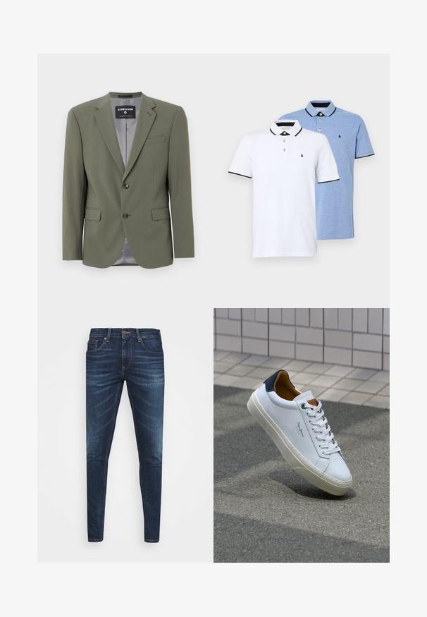 Õlivärvi bleiser, mis on valmistatud siledast kangast, ühenupuline, sakiliste kraede ja kahe esise taskuga. Sisekate on hall.; Kaks polo särki: üks valge mustade aktsentidega, teine helesinine melange. Igal särgil on krae ja kahe nupuga avaus koos logoga.; Tumedat sinised teksad kitsas lõikes, kerge kulumisega, viie taskuga ja metallnööbiga sulgemine. Õmmeldud aktsendid kontrastsetes värvides.; Valge nahast tennis, millel on tumesinine konts, ümmargune nina ja kontrastsed pruuni aktsendid. Omab lamepaelti ja tekstureeritud kummist tallat.