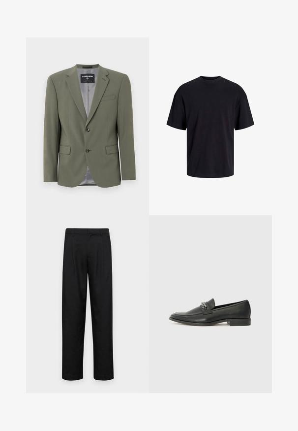 Tamsiai alyvuogių spalvos švarkas, pagamintas iš lygaus audinio, su vienu mygtuku, notch tipo šoninėmis apykaklėmis ir dviem priekinėmis kišenėmis. Vidinė pamušalo spalva – pilka.; Juodas medvilninis marškinėlis su apvaliu iškirpimu, trumpomis rankovėmis ir laisvu siluetu. Glotni tekstūra, be matomų raštų ar akcentų.; Juodi kelnių modeliai, pagaminti iš lygios medžiagos, turi tiesią kojas, du priekiniai klostės ir standartinę juosmenį su diržo kilpomis.; Juodos odinės loafer tipo bateliai su lygiu paviršiumi, turintys siuvinėtą dizainą ir dekoratyvų metalo grandinėlės akcentą ant batų viršaus. Plokščias kulnas.