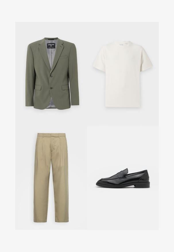 Olīvu zaļš žakets, kas izgatavots no gluda auduma, ar vienu pogu, atlocītas atloks un divām priekšējām kabatām. Iekšējā oderējums ir pelēks.; Balta krūštura īsām piedurknēm ar ribota auduma faktūru. Apaļš kakla izgriezums, brīvs griezums, bez redzamām rakstām vai akcentiem. Vienkāršs un daudzpusīgs dizains.; Bēša, augstās jostas bikses ar taisnu piegriezumu, ar plakanu priekšpusi, sānu kabatām un gludu, teksturētu audumu.; Melnas ādas loafers ar gludu virsmu, ar noapaļotu purngalu un šauru joslu pāri augšdaļai. Zems kaudzes papēdis.