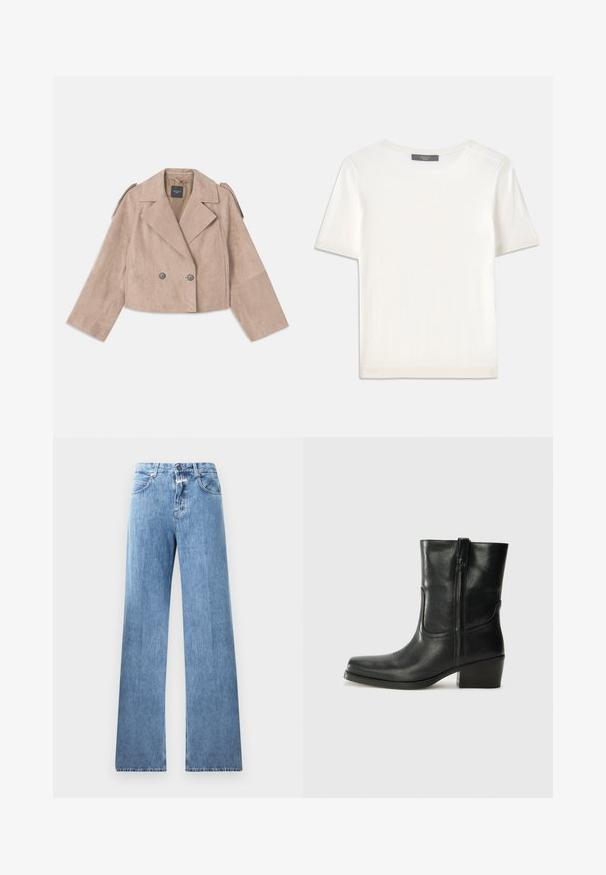 Skraćeni dvostruki kaput u bež ante kože, s širokim reverima, dva siva gumba i ramenskim epauletima. Rukavi su široko krojeni.; Bijela kratkotrajna pletena majica s kratkim rukavima i okruglim izrezom, koja se odlikuje glatkom teksturom i suptilnim rebrastim detaljima na rukavima i rubu.; Svijetloplave traperice širokog kroja, s pet džepova, petljama za remen i kopčanjem na gumb. Tkanina ima glatku teksturu.; Crne kožne čizme do članaka s okruglim vrhom, blok potpeticom, bočnim patentnim zatvaračem i detaljima od šavova na gornjem dijelu. Glatka tekstura, klasičan dizajn.