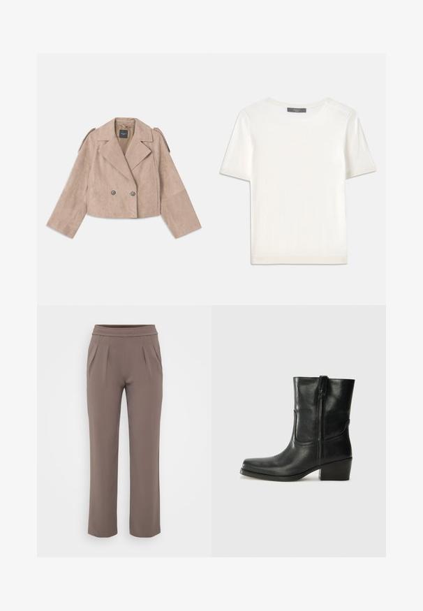 Cropped double-breasted jacket in beige suede, featuring wide lapels, two gray buttons, and shoulder epaulets. Sleeves are wide-cut.; White short-sleeve knit top with a round neckline, featuring a smooth texture and subtle ribbed accents at sleeves and hem.; Taupe loose-fit trousers with elastic waistband and front pleats, made from smooth fabric.; Black leather ankle boot with a rounded toe, block heel, side zipper, and stitching accents on the vamp. Smooth texture, classic design.