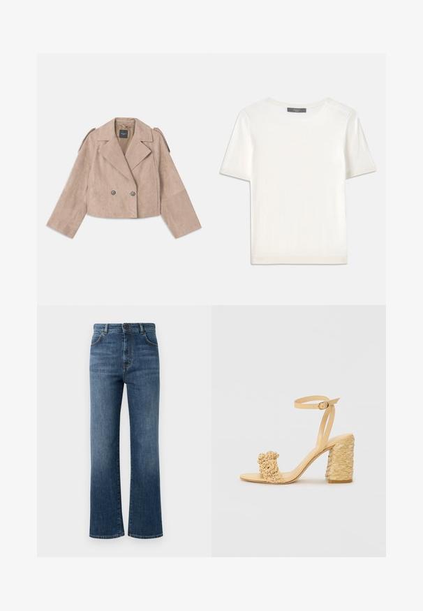 Skraćeni dvostruki kaput u bež ante kože, s širokim reverima, dva siva gumba i ramenskim epauletima. Rukavi su široko krojeni.; Bijela kratkotrajna pletena majica s kratkim rukavima i okruglim izrezom, koja se odlikuje glatkom teksturom i suptilnim rebrastim detaljima na rukavima i rubu.; Tamne traperice tamnoplave boje, s ravnim nogavicama, pet džepova, zatvaranjem na dugme i suptilnim detaljima šivanja.; Bež sandala s visokom potpeticom, s pletenom teksturom, ukrašena cvijetom i remenom oko gležnja. Kvadratna potpetica dodaje stabilnost.