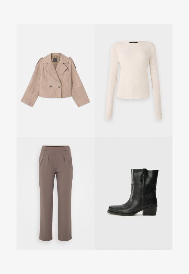 Lühendatud kahekordse nööpide pintsak beezist nahast, laia krae, kahe halli nööbi ja õlavarre paletiga. Varrukad on laiad.; Pikkade varrukatega helesinine topp ümmarguse kaelusega. Valmistatud pehmest kangast, sisaldab keskset õmblust ja kergelt kaardus serva. Ei ole nähtavat riistvara.; Taupe värvi lahtised püksid elastse vöökohtadega ja ees pleated, valmistatud siledast kangast.; Musta nahast pahkluu saabas ümarate varvastega, plokknäppu, külgsepa ja pealsetel õmblusest aktsentidega. Sile tekstuur, klassikaline disain.