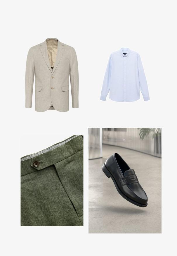 Svijetlosivi sako od teksturirane tkanine, s dvostrukim kopčanjem, reverima u obliku slova u i s dva prednja džepa. Postavljen iznutra.; Svijetloplava košulja dugih rukava s dugim rukavima i klasičnim ovratnikom, ravnim rubom i suptilnom teksturom. Ima središnje kopčanje na gumbe.; Maslinaste zelene lanene hlače s prednjim nabora, s zatvaranjem na dugme i kontrastnom kariranom podlogom na pojasu.; Crni kožni loafer glatke teksture, špicastog vrha i ukrasnim remenom preko gornjeg dijela stopala. Lagani potplat, minimalistički dizajn.