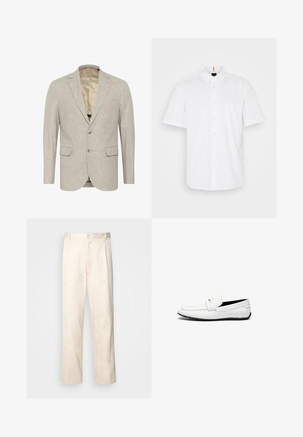 Svetlo šedý blejzer z textúrovanej tkaniny, s dvojitým zapínaním na gombíky, klopovými lapelmi a dvoma prednými vreckami. Podšívka vo vnútri.; Biela krátkorpávková košeľa s gombíkmi, vyrobená z bavlny, s jednou náprsní kapsičkou, klasickým golierom a jemnými detailami v šití.; Béžové bavlnené nohavice so strihom rovného nohu, s gombíkovým zapínaním a záhybmi vpredu pre pridanie detailu.; Biele kožené loafers s hladkým povrchom, so šitým akcentom, zaoblenou špičkou a čiernou gumovou podrážkou pre lepšiu priľnavosť.