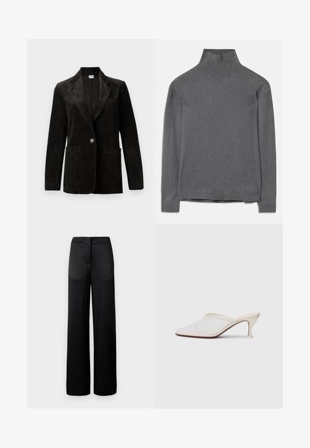 Black corduroy blazer with a notched lapel, single button closure, chest pocket, and two front pockets. Textured fabric with vertical stripes.; Gray turtleneck sweater made from soft fabric, featuring long sleeves, ribbed neck, and hem with a relaxed fit. Smooth texture and simple design.; Wide-leg black trousers with a textured surface, featuring a flat waistband and two side pockets. The fabric appears lightweight and flowing.; White mesh pointed-toe mule with a slim mid-height heel and slip-on design against a plain background.