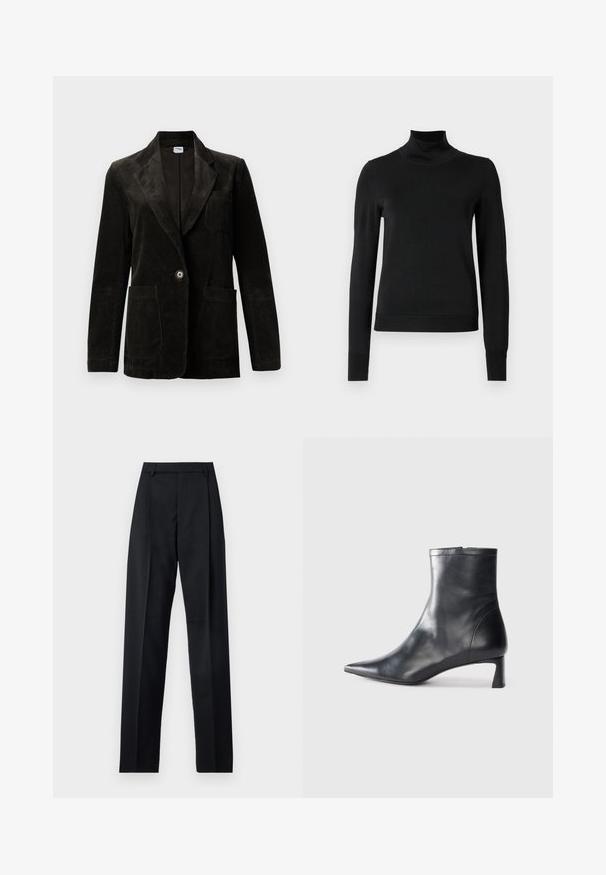 Črn kordura blazer z izrezanim ovratnikom, enojnim gumbom, žepom na prsih in dvema sprednjima žepoma. Teksturirana tkanina z navpičnimi črtami.; Črni pulover s dolgimi rokavi in vratnikom, z rebrastimi манжетами in robom, prikazan na enobarvni beli podlagi.; Črne hlače iz gladkega materiala, ki imajo visok pas, široke noge, sprednje nabore in klasične zanke za pas. Nevidni stranski žepi.; Črne usnjene gležnjarje s šiljastim nosom in elegantnim dizajnom. Imajo nizko peto in zadrgo na zadnji strani. Gladka tekstura.