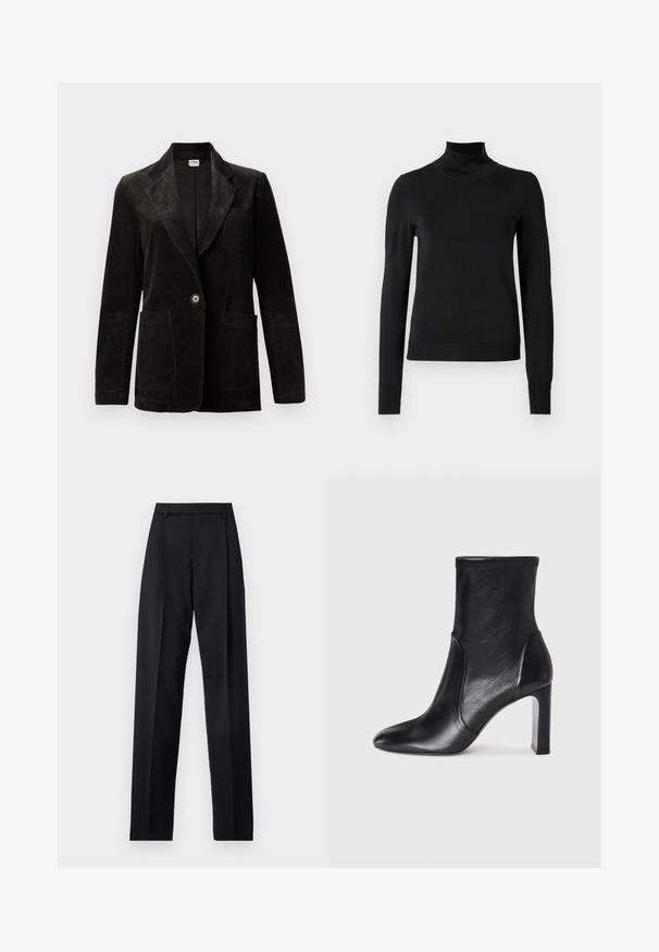 Blazer din corduroy negru cu rever în formă de U, încheiere cu un singur nasture, buzunar pe piept și două buzunare frontale. Ţesătură texturată cu dungi verticale.; Pulover negru cu mânecă lungă și guler tip colier, cu manșete și tiv cu elastic, expus pe un fundal alb simplu.; Pantaloni negri dintr-un material neted, cu talie înaltă, picioare largi, pliuri frontale și loop-uri clasice pentru curea. Fără buzunare laterale vizibile.; Botine negre din piele până la glezna, cu un design elegant, vârful ascuțit și toc înalt tip bloc. Prezintă o textură netedă și detalii de cusătură minimalistă.