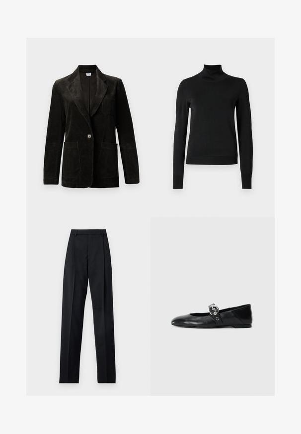 Črn kordura blazer z izrezanim ovratnikom, enojnim gumbom, žepom na prsih in dvema sprednjima žepoma. Teksturirana tkanina z navpičnimi črtami.; Črni pulover s dolgimi rokavi in vratnikom, z rebrastimi манжетами in robom, prikazan na enobarvni beli podlagi.; Črne hlače iz gladkega materiala, ki imajo visok pas, široke noge, sprednje nabore in klasične zanke za pas. Nevidni stranski žepi.; Črne usnjene baletne balerinke s koničastim nosom, ki imajo trak z okroglo kovinsko zaponko in ravno podplat.