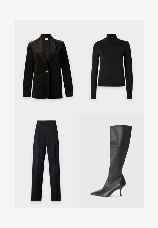 Zwarte corduroy blazer met een notch-kraag, sluiting met één knoop, borstzak en twee voorzakken. Gestructureerde stof met verticale strepen.; Zwarte trui met lange mouwen en col, voorzien van geribde manchetten en zoom, weergegeven op een effen witte achtergrond.; Zwarte broek gemaakt van gladde stof met een hoge taille, wijde benen, voorplooien en klassieke ceintuurlussen. Geen zijzakken zichtbaar.; Kniehoge zwarte leren laarzen met een spitse neus en een slanke stilettohak. Glad textuur met een aansluitend ontwerp en stiksels aan de bovenrand.
