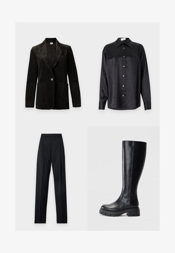 Mustard värvi korduroy jakk, millel on nurgeline krae, ühe nööbiga kinnitatud, rinna-tasku ja kaks eesmist taskut. Tekstuuritud kangas, millel on vertikaalsed triibud.; Musta pikemate varrukatega särk, millel on krae ja kortsus tekstuur, täispikk nööpidega eesmine osa ja varrukate mansetid. Valmistatud siledast kangast.; Mustad püksid siledast kangast, millel on kõrge vöökoht, laiad jalad, esimesed kortsud ja klassikalised vööloopid. Küljepockets pole nähtavad.; Siled mustad põlvini saapad, mis on valmistatud siledast nahast, ümmarguse varbaga ja jõulise kummist tallaga, millel on mustriga pind hea haardumise tagamiseks.