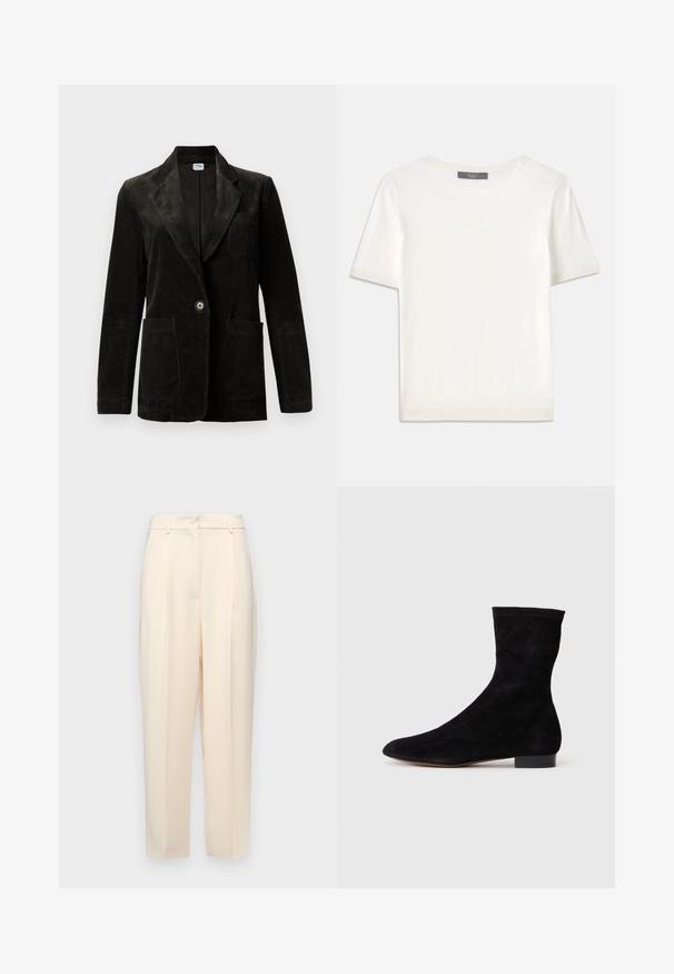 Black corduroy blazer with a notched lapel, single button closure, chest pocket, and two front pockets. Textured fabric with vertical stripes.; White short-sleeve knit top with a round neckline, featuring a smooth texture and subtle ribbed accents at sleeves and hem.; Beige tailored trousers with a straight fit, featuring pleats at the front, a smooth texture, and a mid-rise waist. No visible pockets.; Black suede ankle boot with a fitted shaft, pointed toe, and a low block heel. Smooth texture and minimalistic design, suitable for versatile styling.