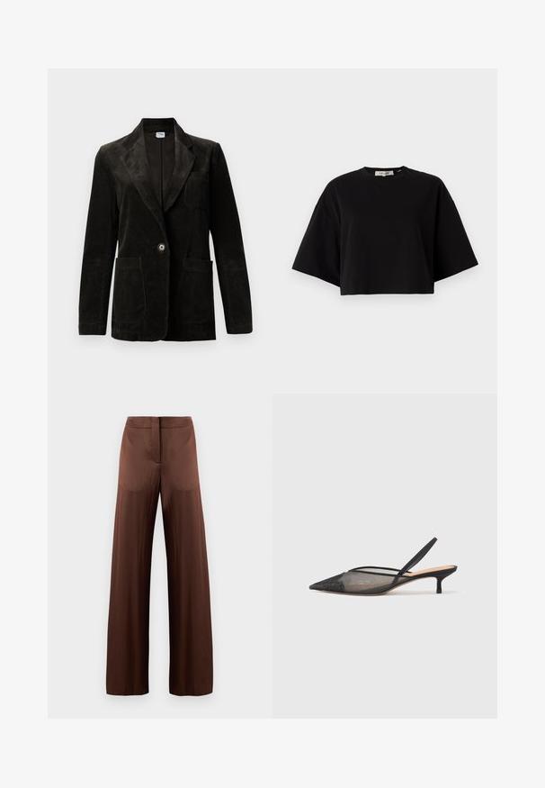 Black corduroy blazer with a notched lapel, single button closure, chest pocket, and two front pockets. Textured fabric with vertical stripes.; Black cropped t-shirt made of cotton, featuring a round neckline and short, wide sleeves for a loose fit. Smooth texture, simple design.; Brown wide-leg trousers made of smooth, lightweight fabric, featuring a flat front, no pockets, and a straight silhouette.; NEOUS IRENA - Classic heels - black