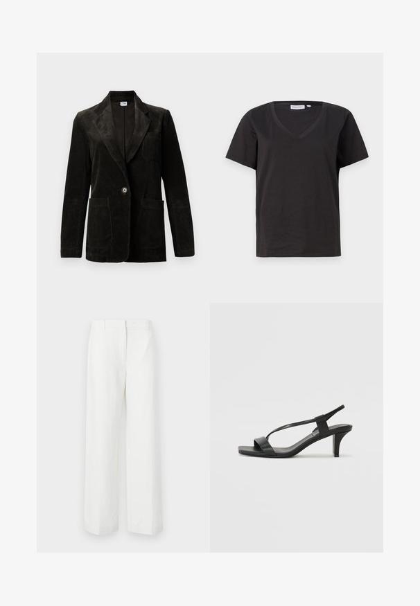 Melnās kordūras žaketes ar iegrieztu piegriezumu, vienu pogu aizdari, krūšu kabatu un divām priekšējām kabatām. Strukturēts audums ar vertikālām svītrām.; Melnas kokvilnas T-krekls ar V veida kakla izgriezumu un īsām piedurknēm. Vienkāršs dizains ar regulāru piegriezumu un bez rakstiem vai akcentiem.; Balti platās bikses ar gludu tekstūru, ar platu priekšpusi un izspiestām krokām. Izgatavotas no viegla auduma, nav redzamu rakstu.; Melni papēžu sandaļi ar šauru siksniņu dizainu, kvadrāta purngalu un vidēja augstuma blokveida papēdi. Izgatavoti no gludas ādas ar matētu apdari.