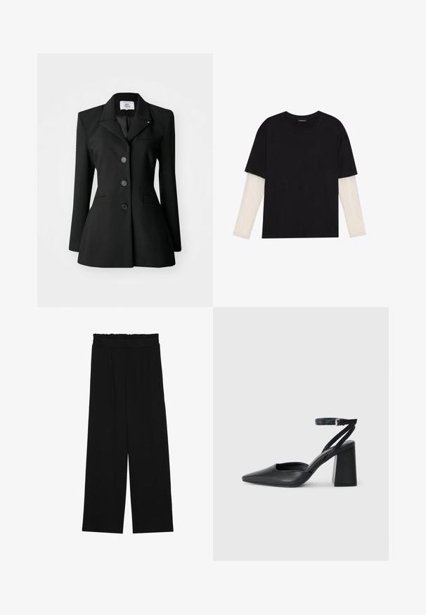 Schwarzer maßgeschneiderter Blazer mit Reverskragen, doppelt knöpfbaren Verschlüssen, Fronttaschen und taillierter Silhouette. Glatte Stofftextur.; Schwarzes T-Shirt aus Baumwolle mit kurzen Ärmeln über einer weißen Langarmschicht, die ein dezentes strukturiertes Muster aufweist. Rundhalsausschnitt.; Schwarze weit geschnittene Hose mit einem gerüschten Bund, ausgestattet mit zwei Seitentaschen und einem glatten, leichten Stoff. Keine sichtbaren Muster oder Beschläge.; Schwarze Leder-Pumps mit spitzer Zehe, einem Knöchelriemen und einem blockigen Absatz. Flache Textur, elegantes Design und minimalistische Ästhetik.