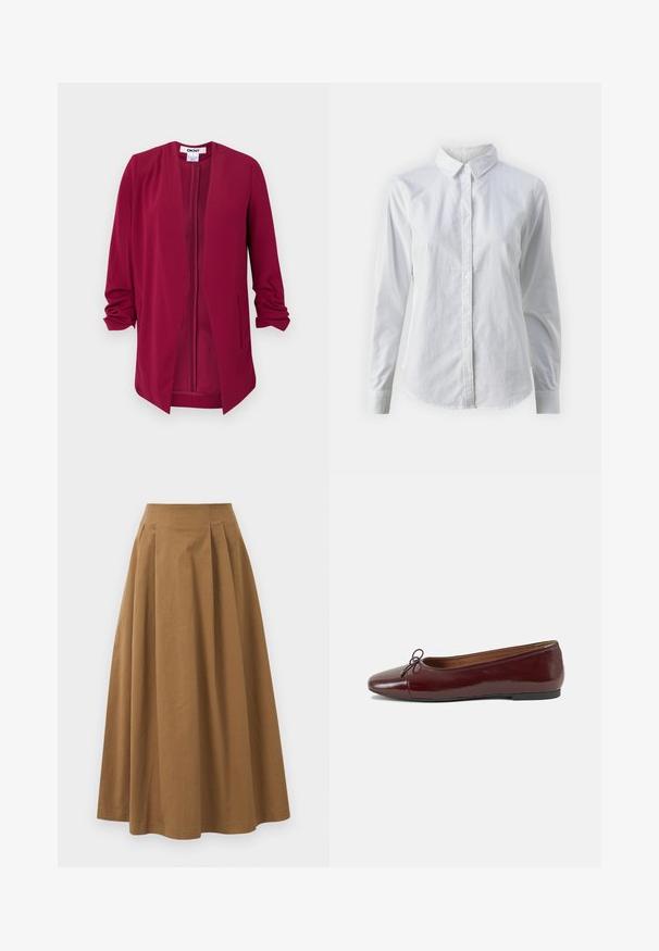 Burgundy open-front jacket with three-quarter sleeves, smooth texture, two side pockets, and subtle pleats on the shoulders.; White button-up shirt made of smooth cotton, featuring a classic collar, long sleeves, and a curved hem. Buttons are small and white.; Brown cotton A-line skirt with a high waist, featuring pleats down the front and a smooth texture. Hem finishes are clean and simple.; Burgundy patent leather ballet flat with a rounded toe, small bow accent at the front, and a low, black rubber sole. Smooth texture.