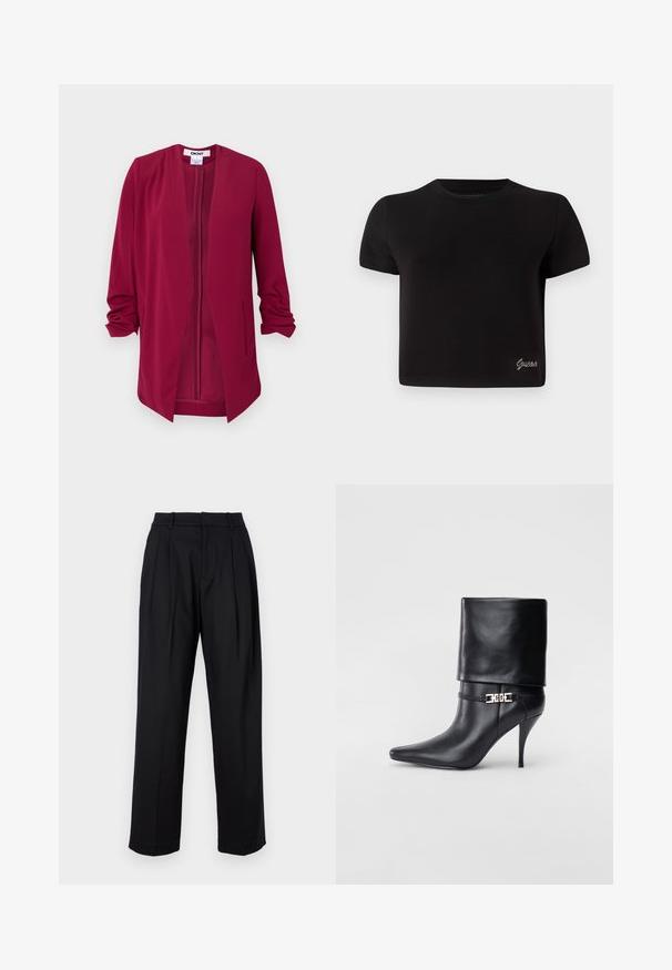 Chaqueta burdeos de frente abierto con mangas tres cuartos, textura suave, dos bolsillos laterales y sutiles pliegues en los hombros.; Camiseta negra de algodón, de mangas cortas. Cuenta con un escote redondo y un pequeño logo plateado de "Guess" en la parte inferior izquierda.; Pantalones negros con un diseño a medida, que presentan una cintura alta, pliegues y un corte recto. Fabricados en tejido suave de color sólido.; Botín de cuero negro hasta el tobillo con punta afilada, tacón alto de aguja, puño doblado y un detalle decorativo de hebilla dorada en el tobillo.
