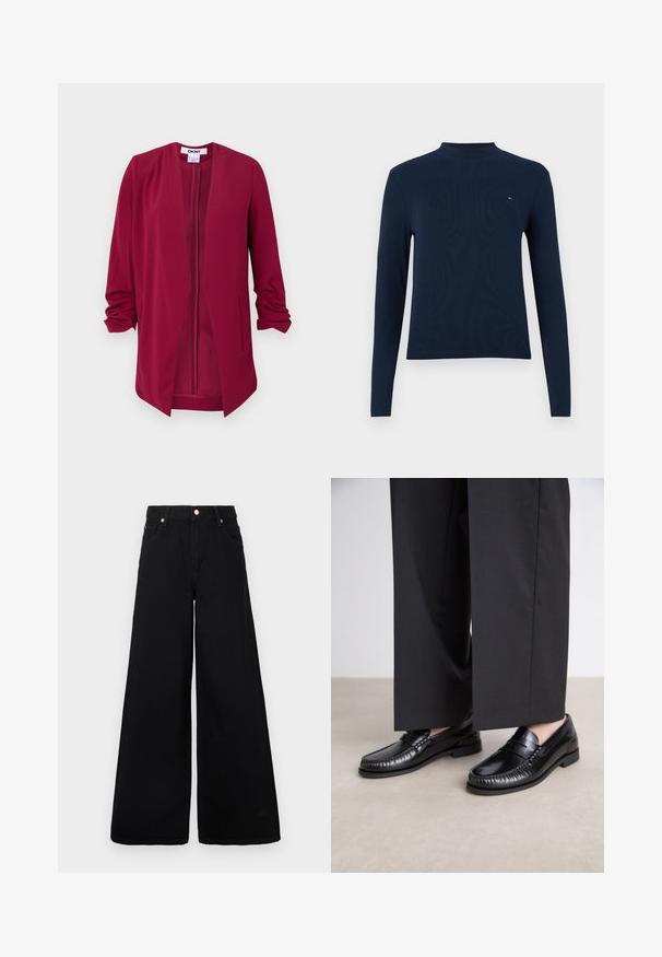 Bordo otvoreni sako s tri četvrtine rukavima, glatke teksture, dva bočna džepa i suptilnim nabranicama na ramenima.; Mornja plava majica s dugim rukavima i visokim ovratnikom, rebraste teksture, s malim logotipom na prsima, prilagodenog kroja i okruglog izreza.; Crne široke traperice s visokim strukom, s dva prednja džepa i zlatnim detaljima na pojasu.; Crne kožne mokasine s glatkom završnom obradom, prošivene detalje oko nožnog prsta i niskim gumeni potplat. Uparuđene s širokim crnim hlačama.