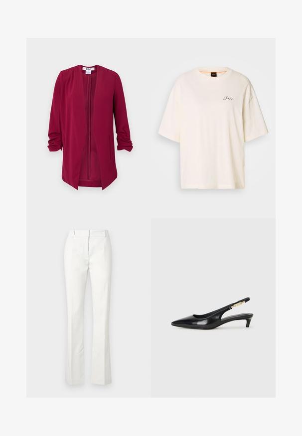 Veste bordeaux à l'avant ouvert avec des manches trois-quarts, texture lisse, deux poches latérales et plis subtils au niveau des épaules.; T-shirt oversized blanc en tissu doux, avec un col rond et des manches courtes, orné d'un petit logo noir "Boss" sur le devant.; Pantalons blancs ajustés avec un bas évasé, présentant des plis sur le devant et une texture lisse, fabriqués à partir d'un tissu léger.; Talons hauts en cuir noir avec un bout pointu, dotés d'un talon fin et d'un accent en ton or sur la lanière réglable. Texture lisse.